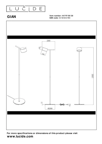 Lucide GIAN - Lampadaire - LED Dim. - 1x9W 2700K - Noir - technique